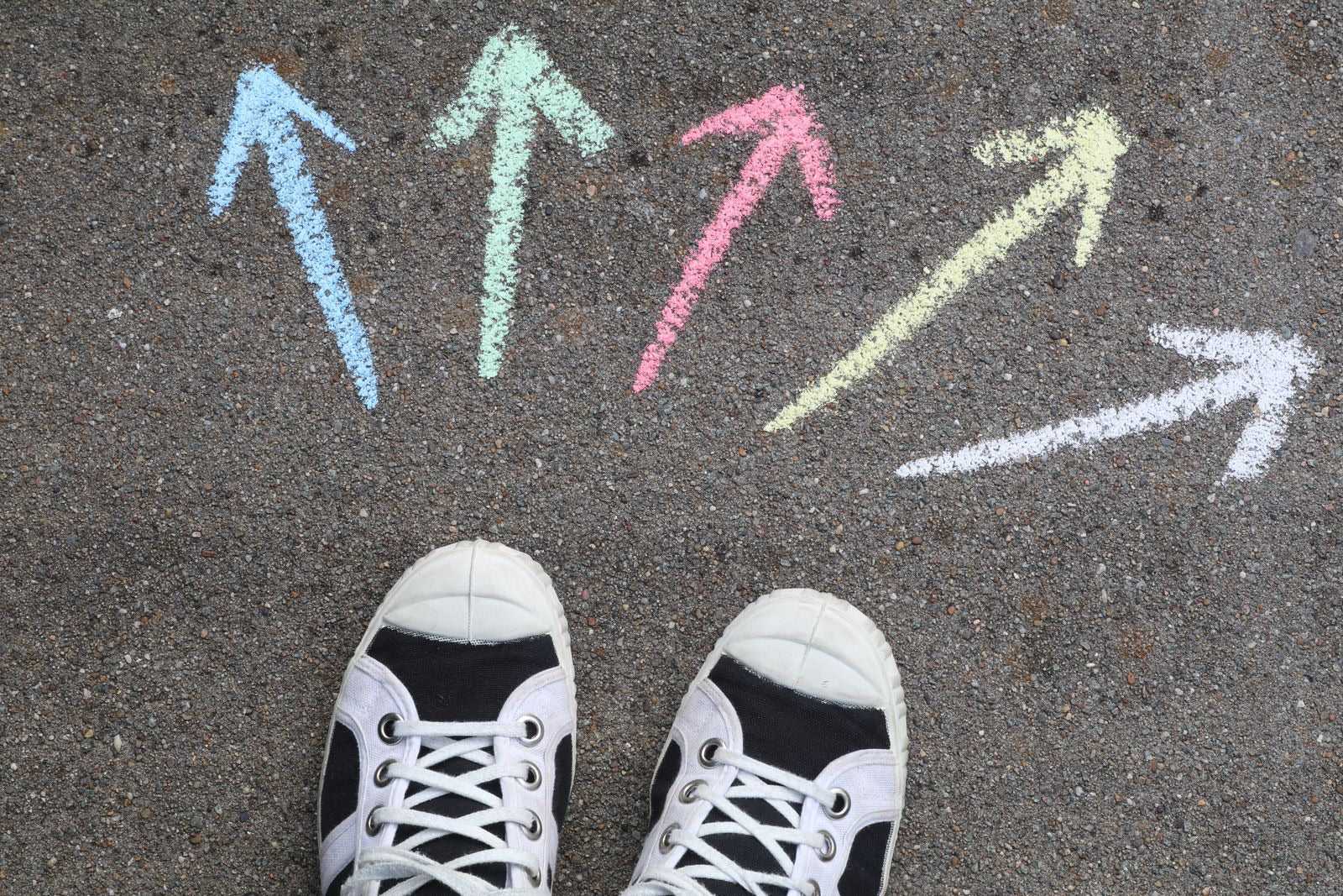 A person standing before two chalk arrows pointing in different directions, representing the choice between CAPM and PMP.